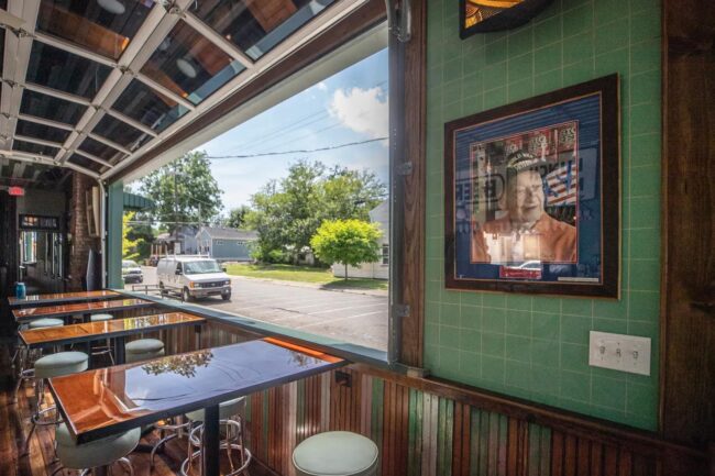 One of two garage door style windows in the bar which open to allow fresh air in.