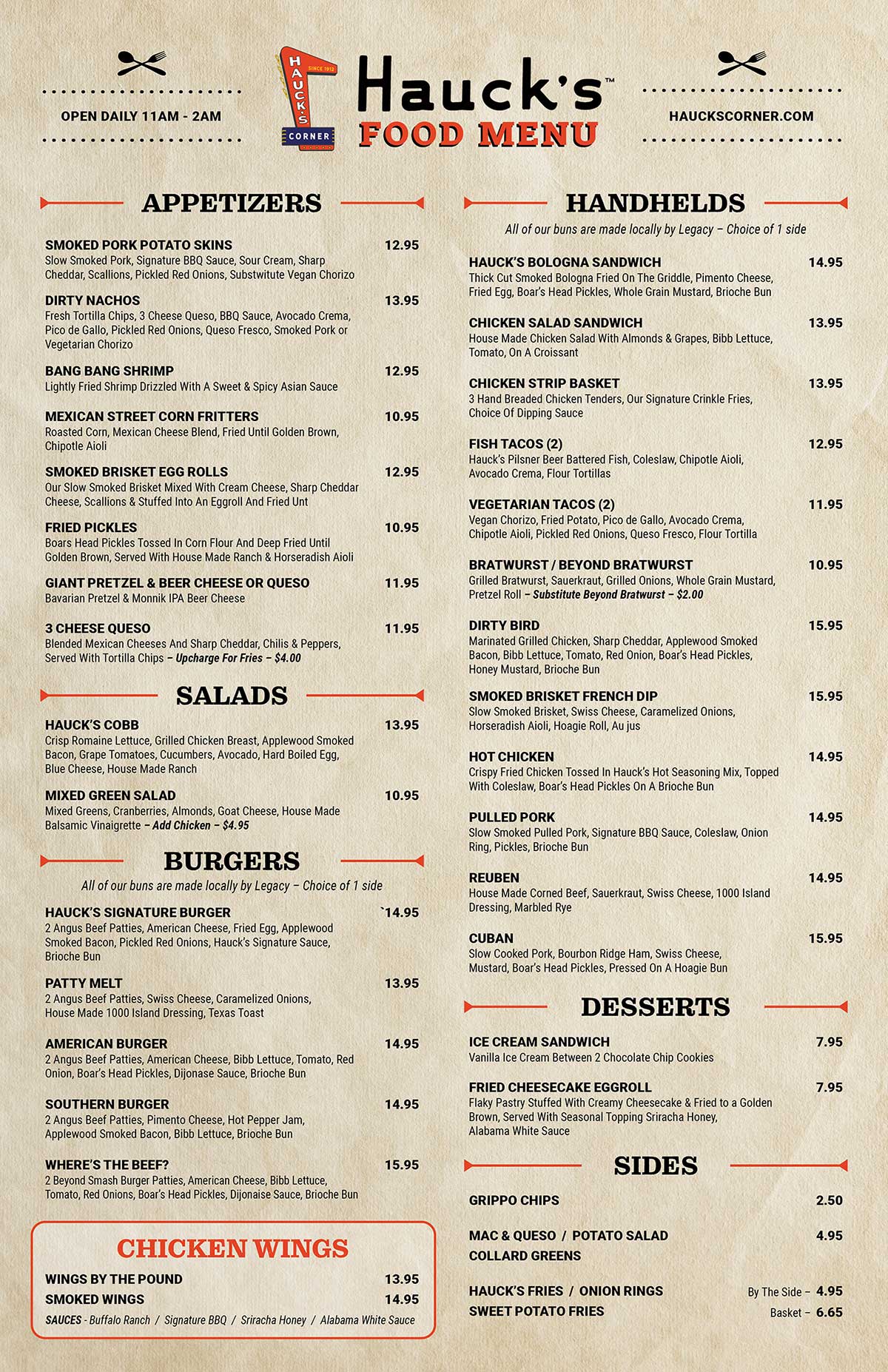 Hauck's Corner Food Menu